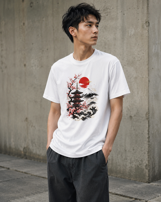 Sakura Temple T-Shirt – Japanisches Streetwear Shirt mit Pagoden-Print | MOVARI