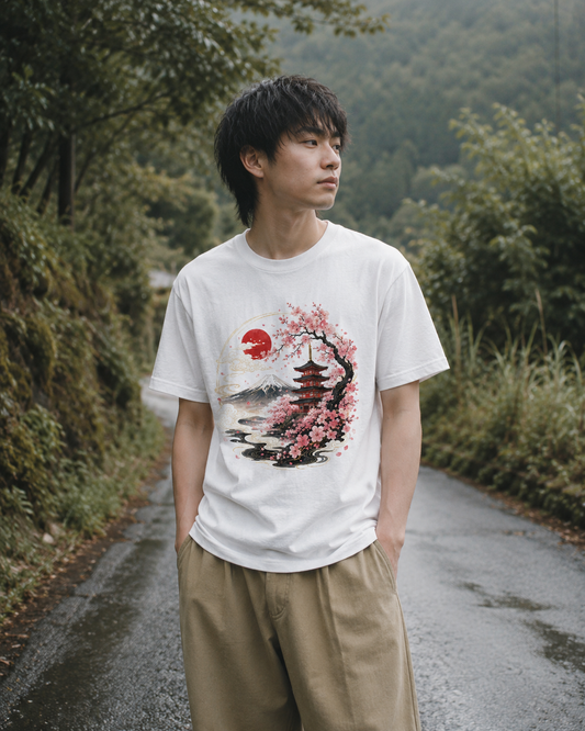 Sakura Temple T-Shirt – Japan Aesthetic Shirt mit Kirschblüten, Pagode & Fuji Print | MOVARI