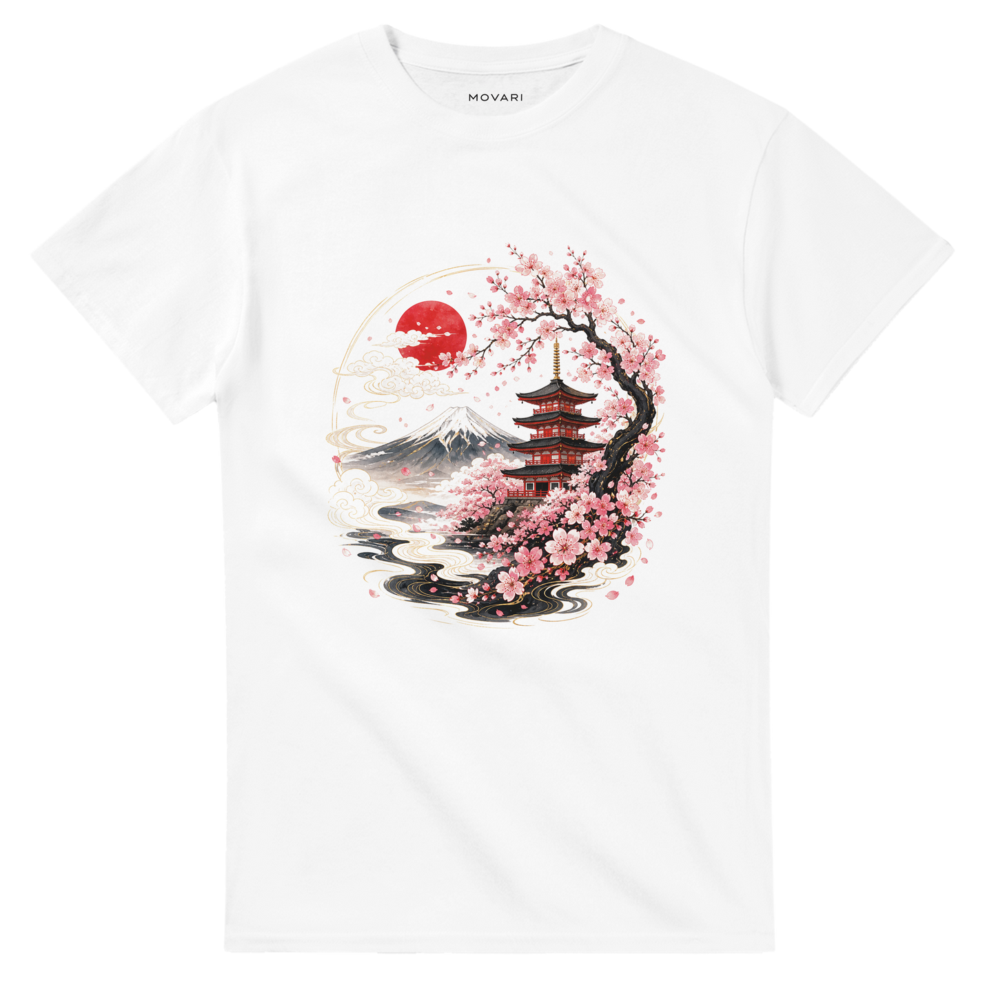 Sakura Temple T-Shirt – Japan Aesthetic Shirt mit Kirschblüten, Pagode & Fuji Print | MOVARI