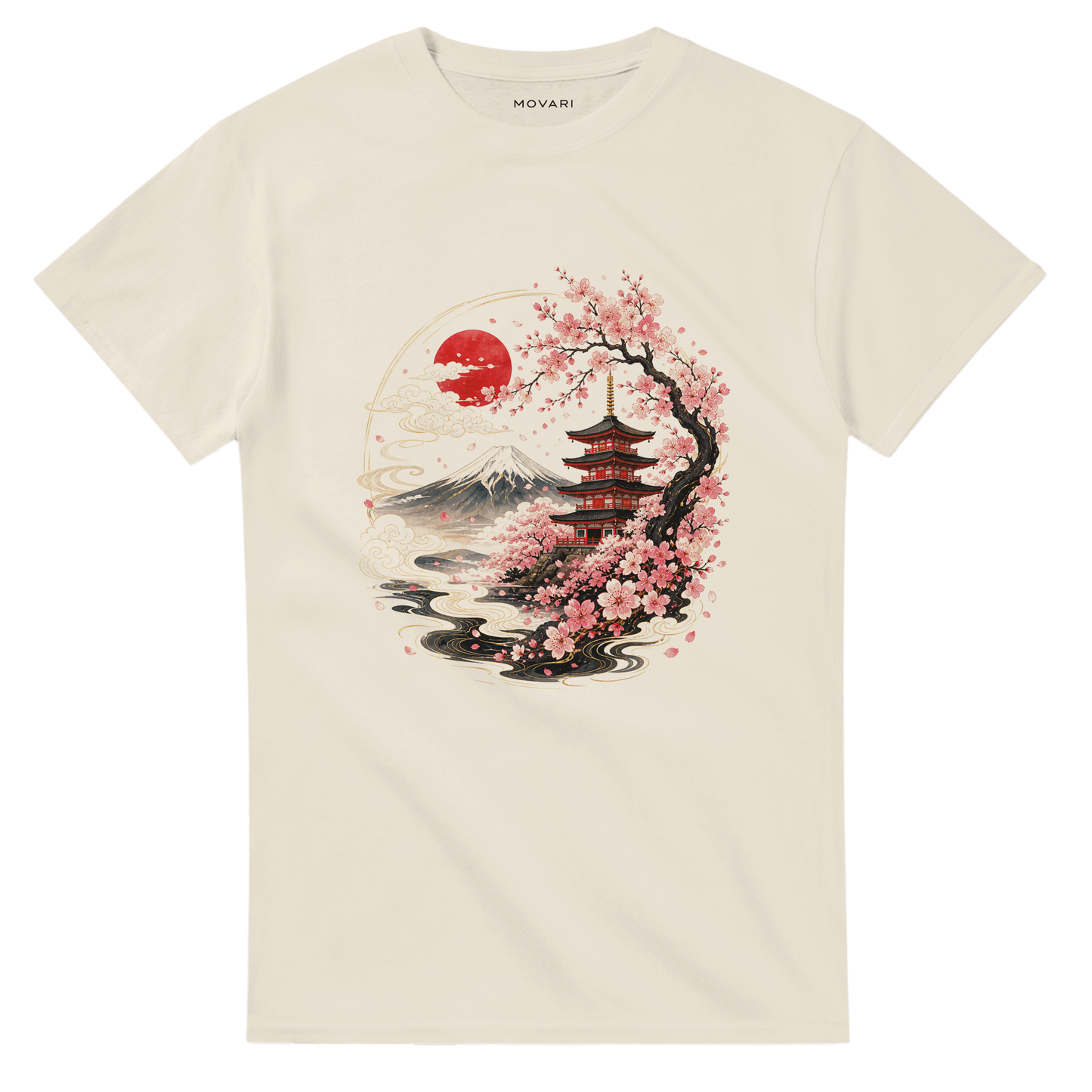 Sakura Temple T-Shirt – Japan Aesthetic Shirt mit Kirschblüten, Pagode & Fuji Print | MOVARI