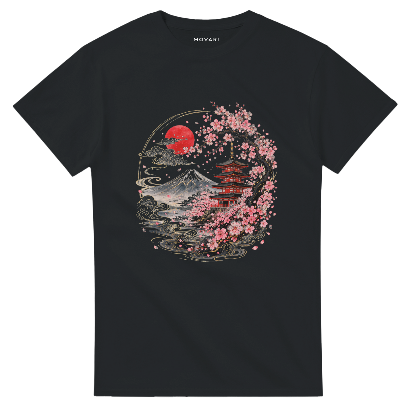 Sakura Temple T-Shirt – Japan Aesthetic Shirt mit Kirschblüten, Pagode & Fuji Print | MOVARI
